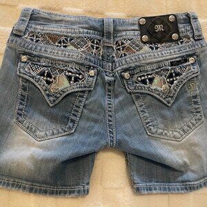 Miss Me Blue Jean Mid Shorts Distressed Bling Pockets Size 28